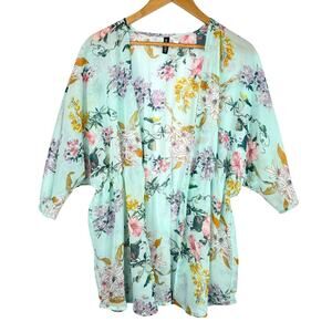 Divided Blue Floral Sheer Kimono S